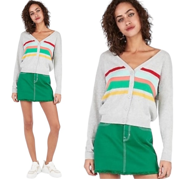 Express Varsity Striped Slouchy V Neck Button Down Rainbow Gray Knit Cardigan - Picture 1 of 11